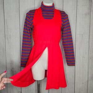 VTG 60s 70s Dayglo Red Tunic, Long Sleeve & Turtleneck w Front Slit